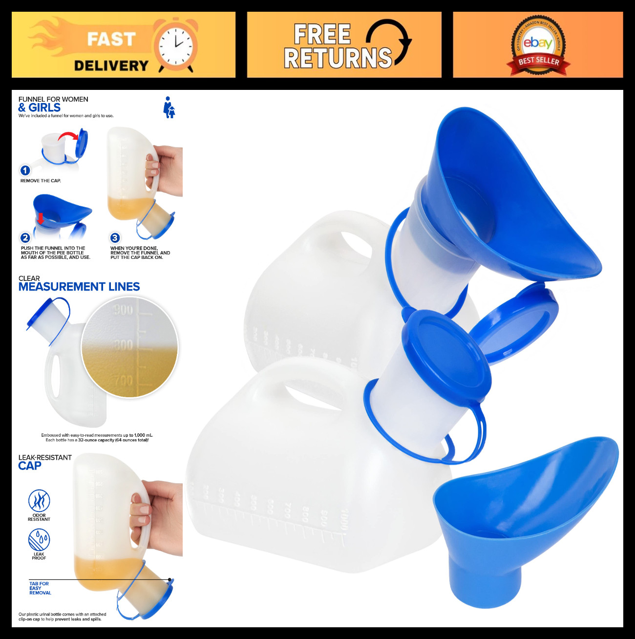 Portable Urinal Bottle 2 Pack – 32 Oz Female & Male Urination Device for Travel,