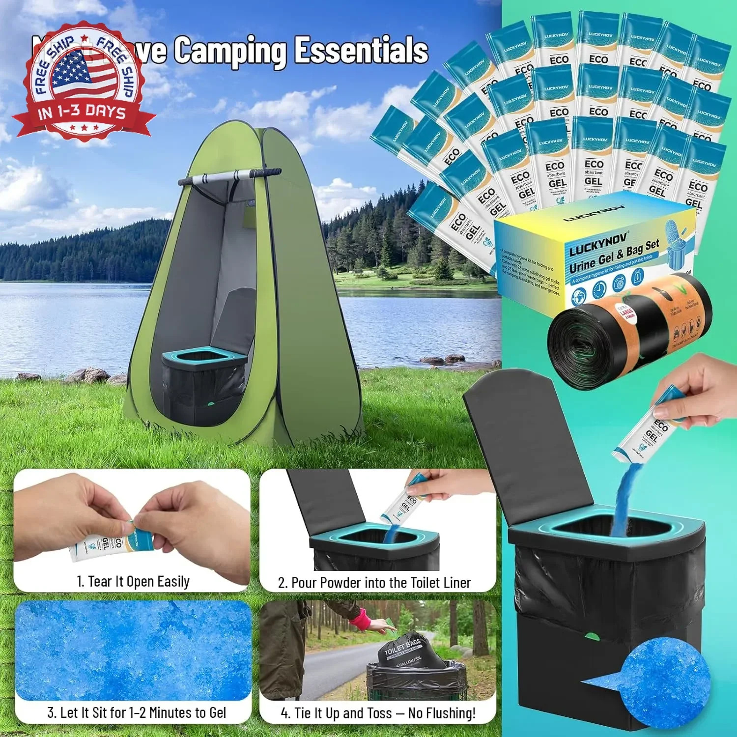25 Portable Toilet Bags with 25 Poo Gels, 8 Gallon Leak-Proof Camping Toilet Was