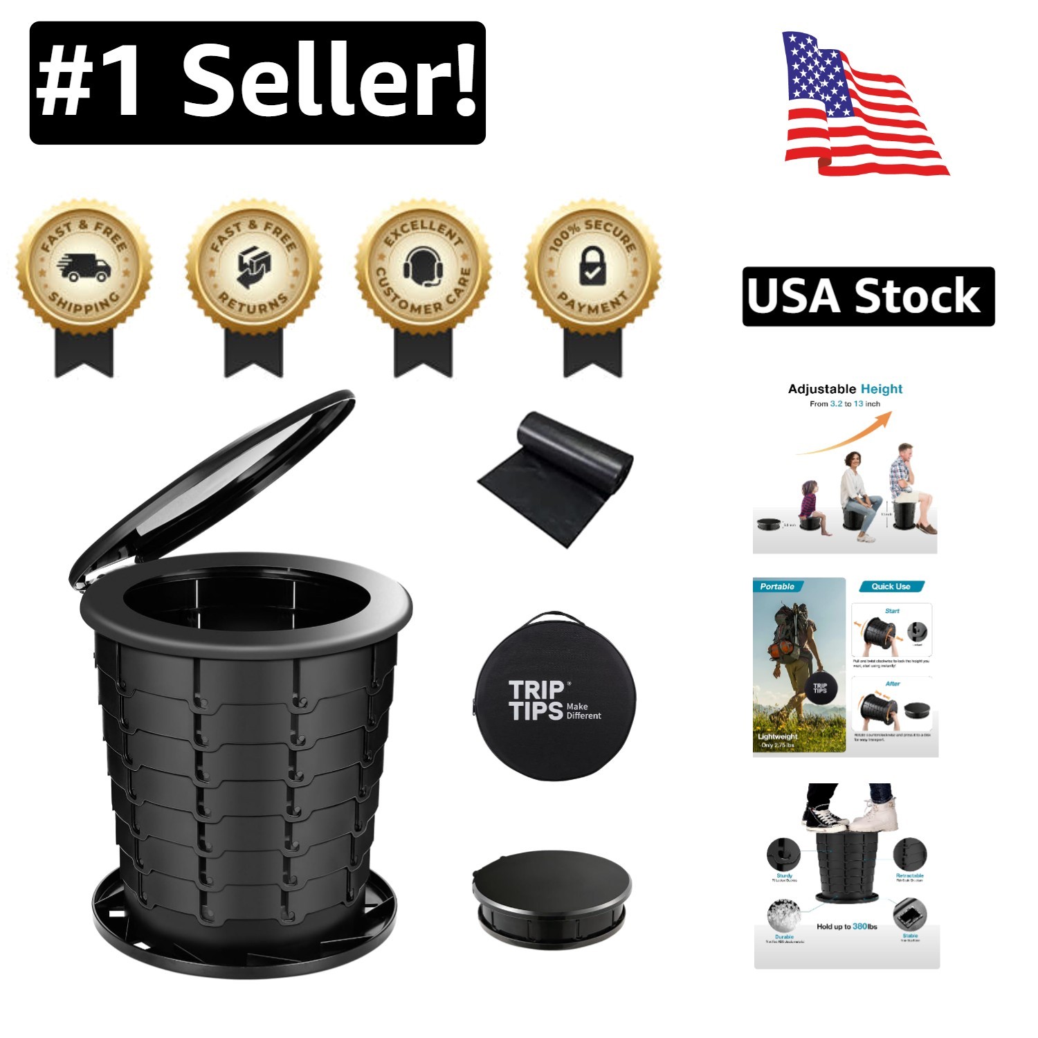 Height Adjustable Portable Toilet for Camping & Travel – Lightweight & Compact
