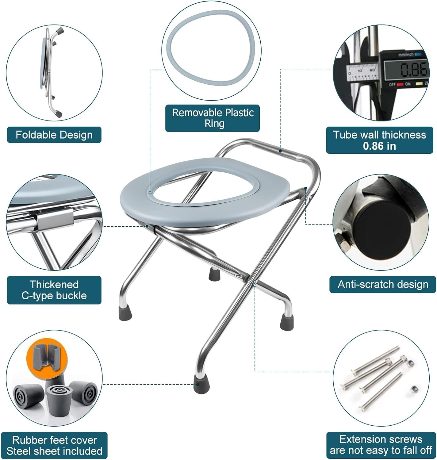 Portable Camping Toilet – Folding, Stainless Steel Seat – 400LBS Weight Capacity