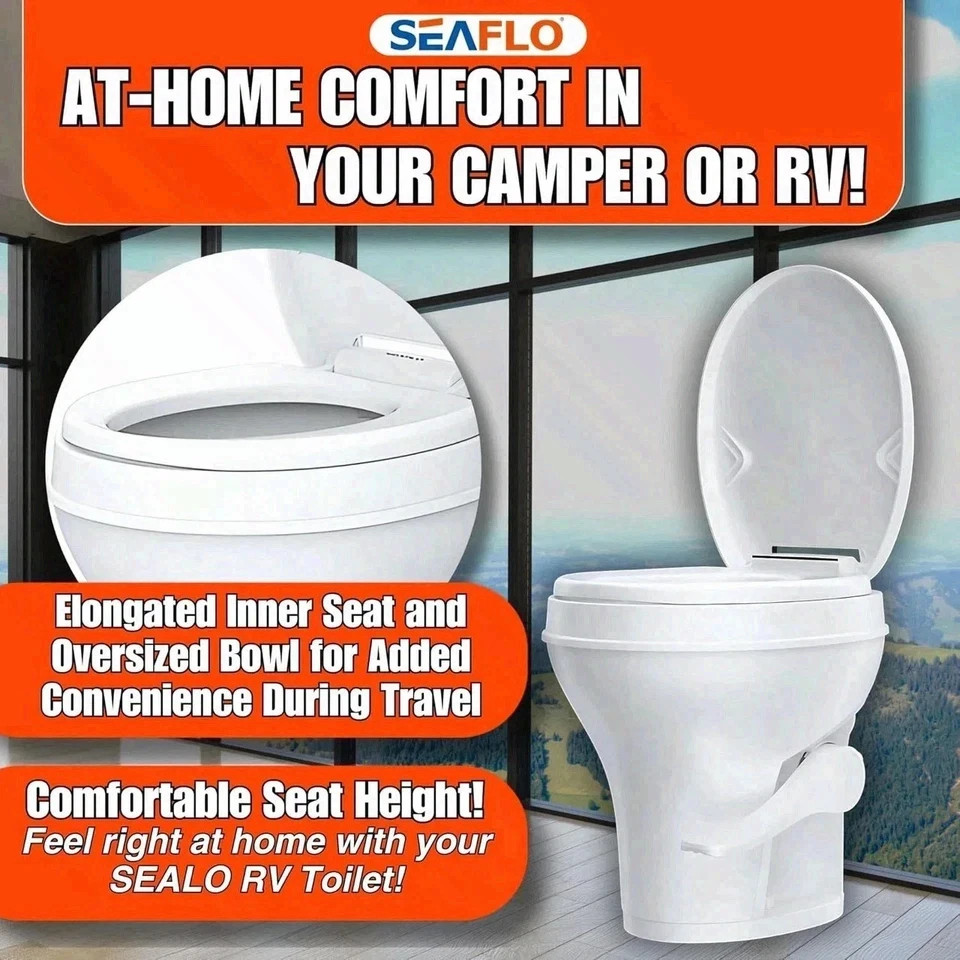SEAFLO RV Toilet 18.5″ Standard Height Gravity Flush w/ Foot Pedal & Seat free s