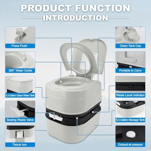 Portable Camping Toilet 6.4 Gallon 24L Piston Flush Detachable Travel Toilet
