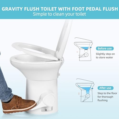 RV Toilet with Enamel Bowl, Plastic Toilet Body, Pedal Flush, Gravity Flush