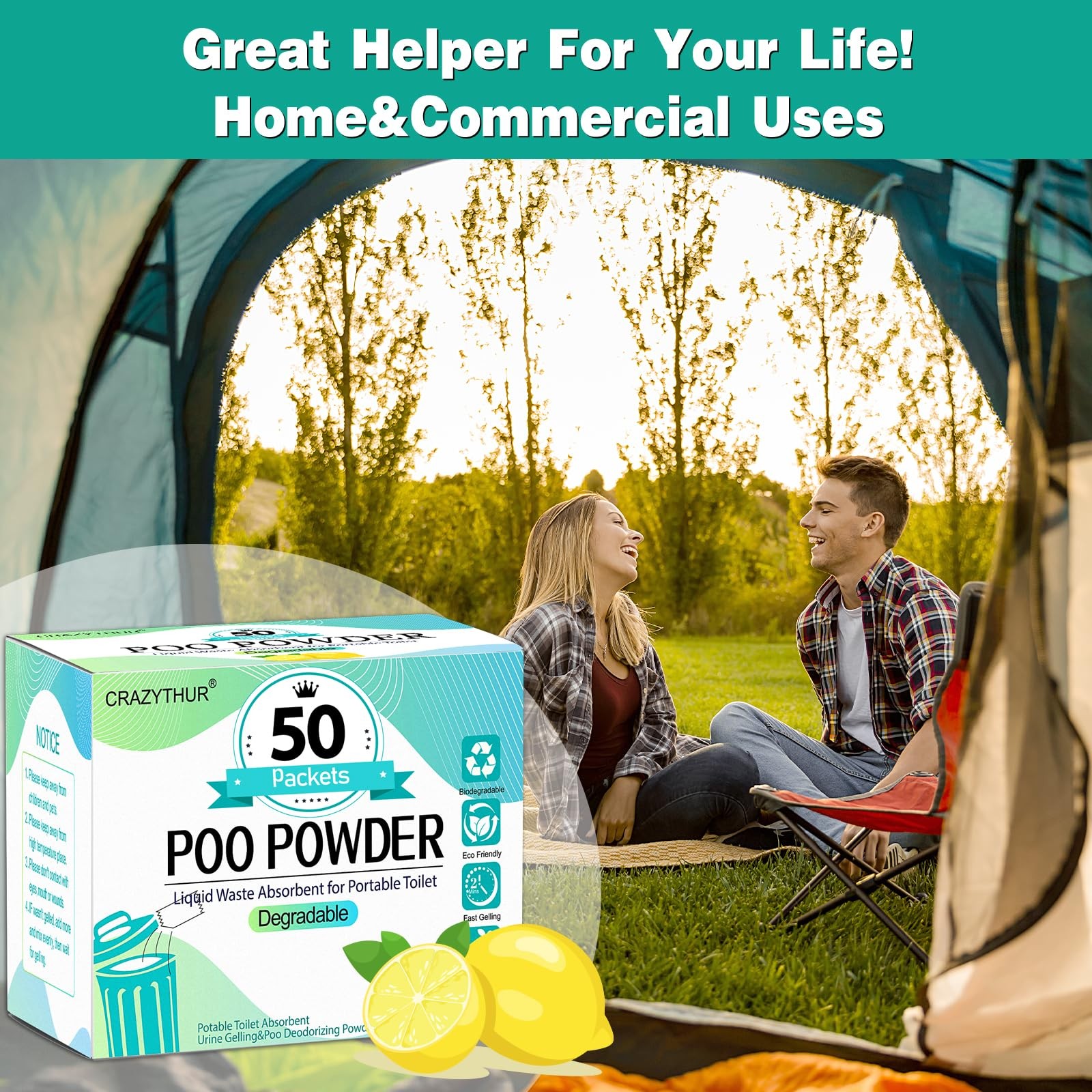 Portable Toilet Gel Packets – 50 Eco-Friendly Lemon Scented Poo Powders for