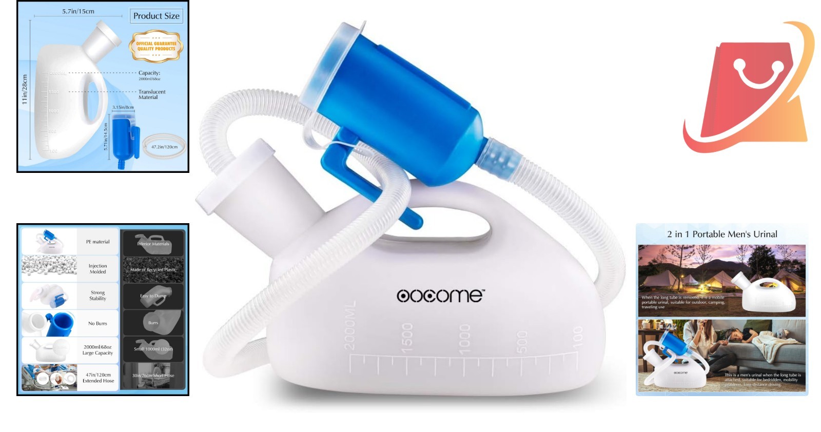 Male Portable Urinal Bottle Reusable Spill Proof Camping Bedside 2000ml