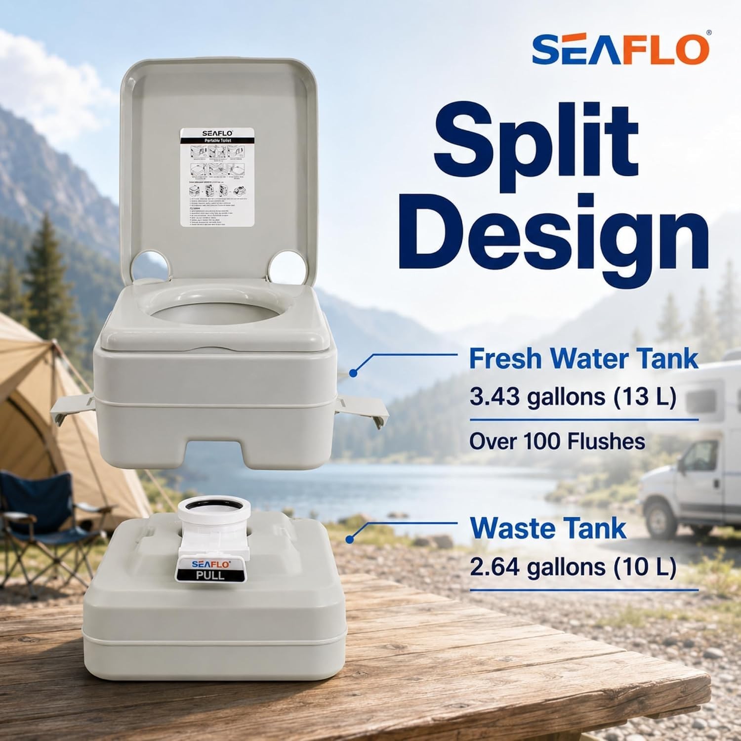 Self-Contained Portable Toilet – 3.43 Gallon Fresh Water, Odor Control System