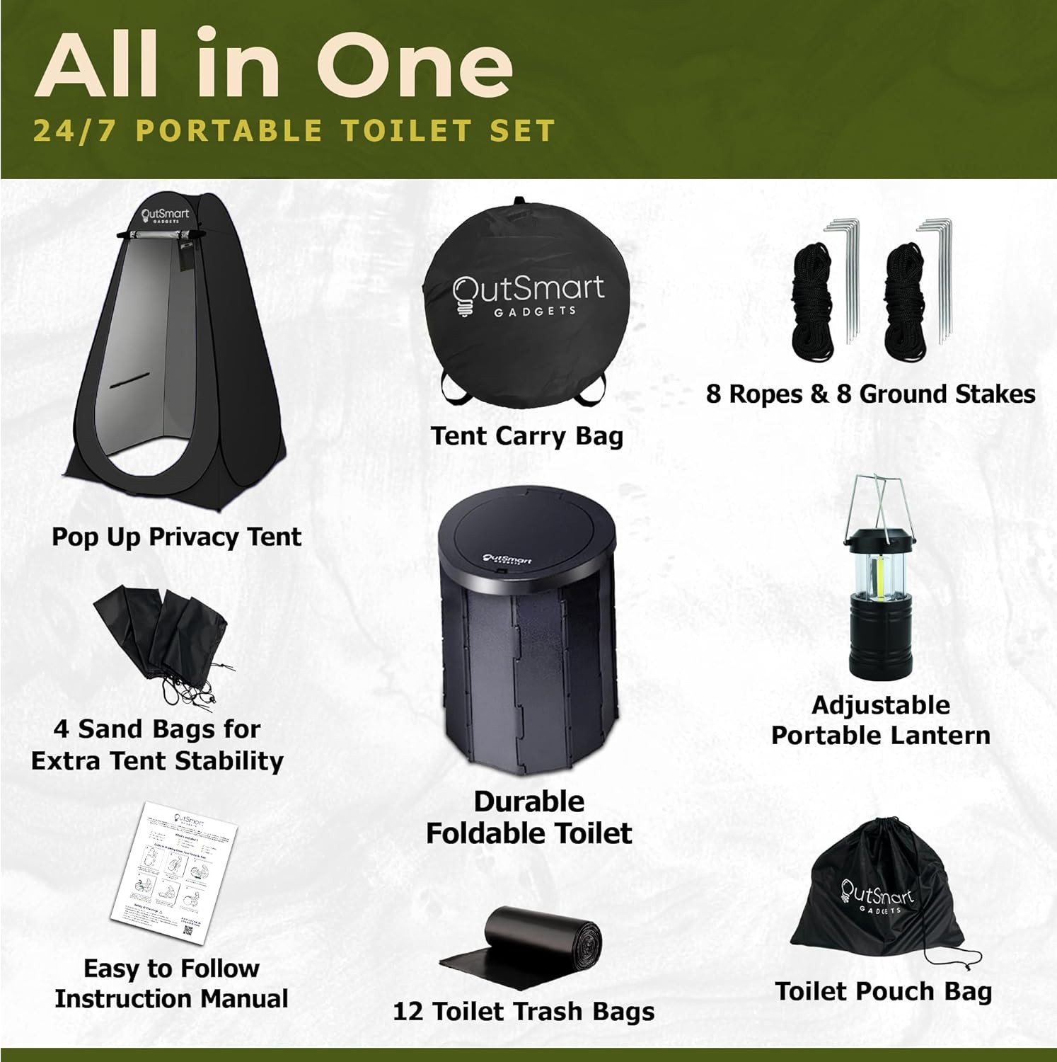 Outdoor Portable Toilet Set for Adults with Camping Night Lantern, Folding XL To