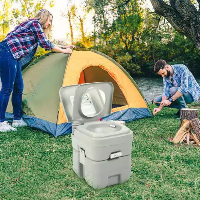 5.3 Gal. Gray Portable Toilet No Leakage Outdoor Camping Flush Toilet with Waste