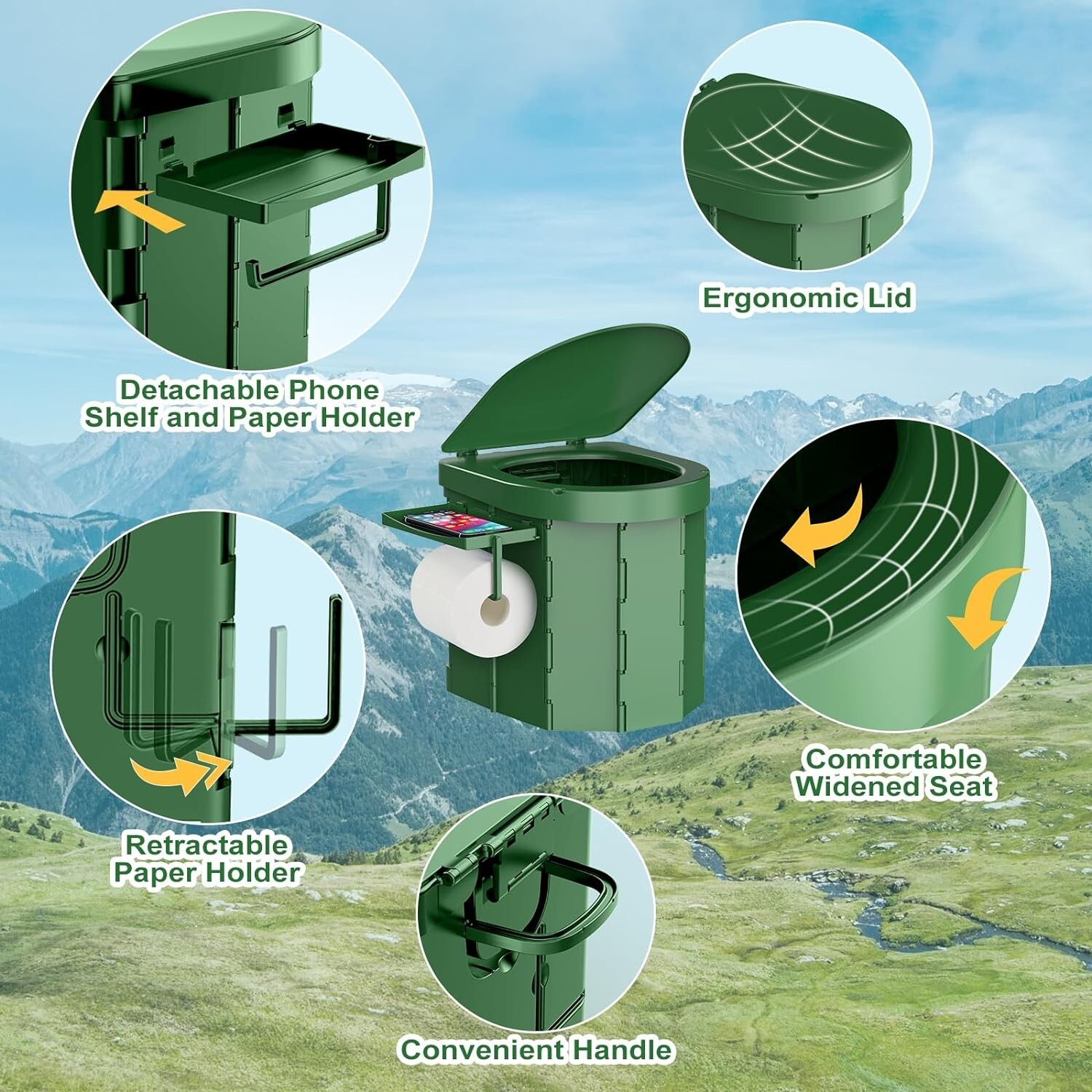 Portable Camping Toilet for Adults 27L Mobile Toilet Phone Holder Hiking