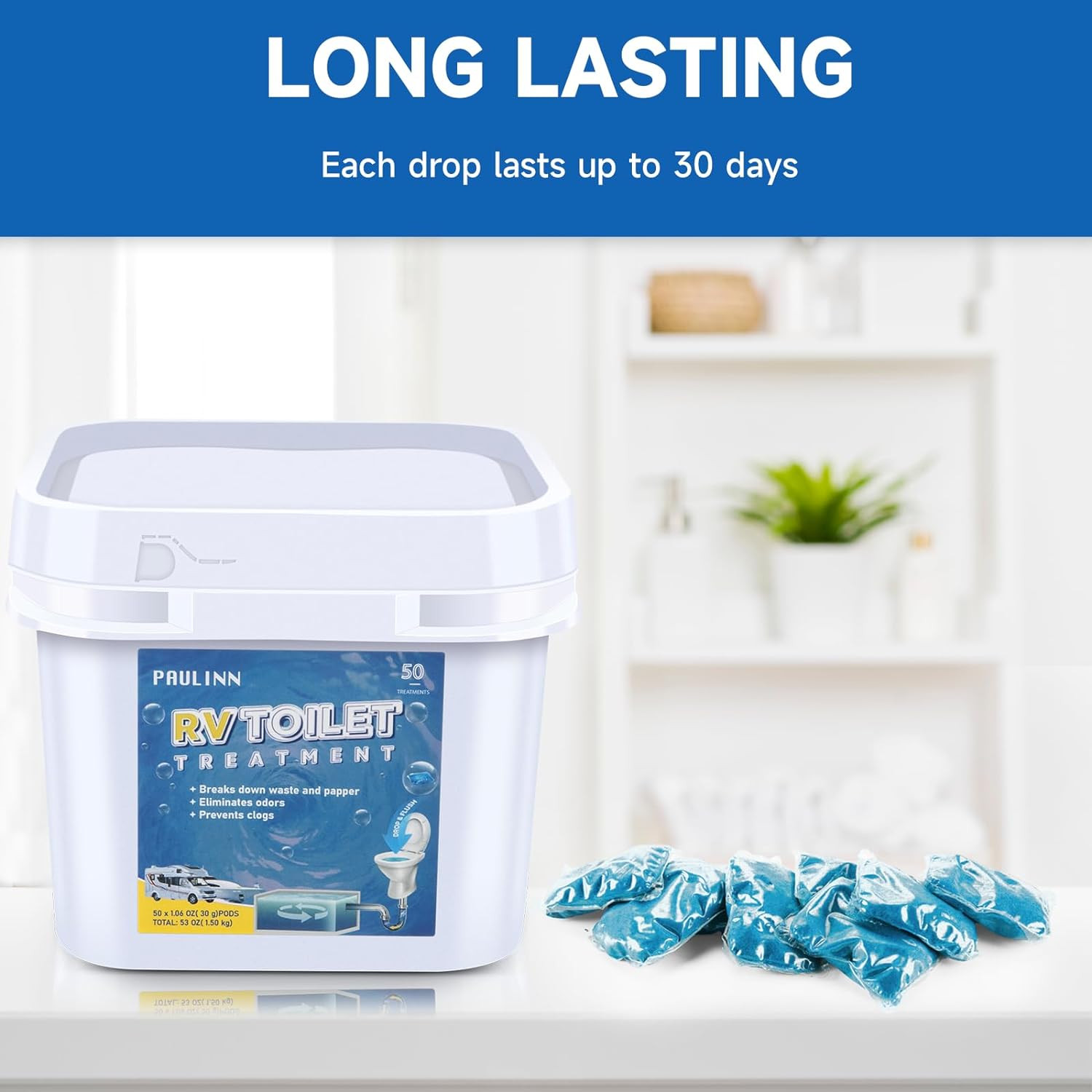 RV Toilet Treatment Drop Ins, 50 Packs Holding Tank Deodorizer for RV Black & Gr
