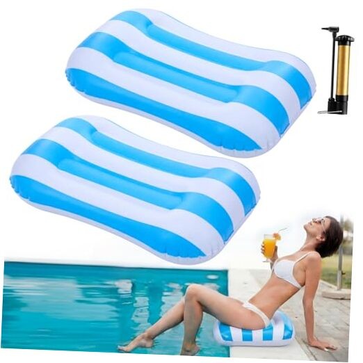 Seenelling 2 Pcs Inflatable Poolside Chair Blow up Beach Light Blue Striped