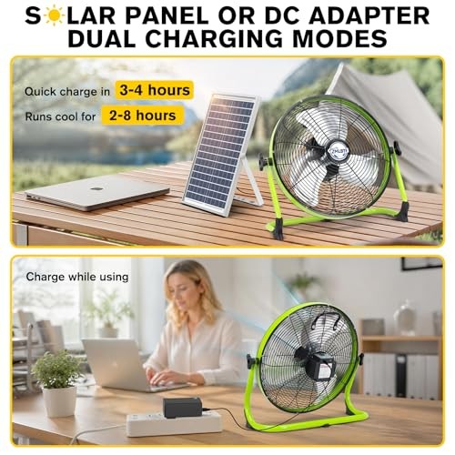 14″ Solar Powered Fan with 20W Solar Panel & Rechargeable Battery, 14 Inch