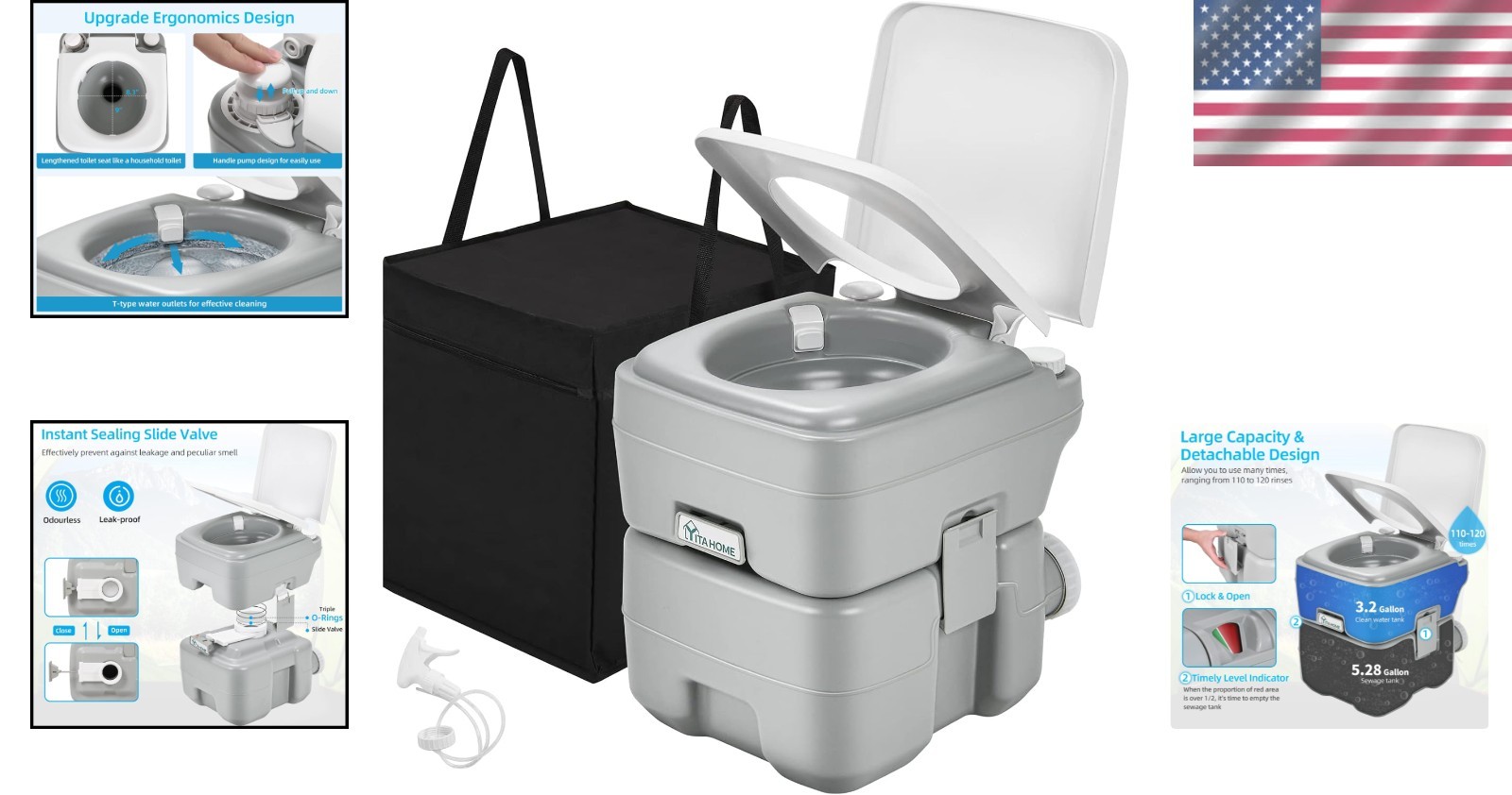 Heavy Duty Portable Toilet 441lb Capacity 5.28 Gal Flush w/ Level Indicator