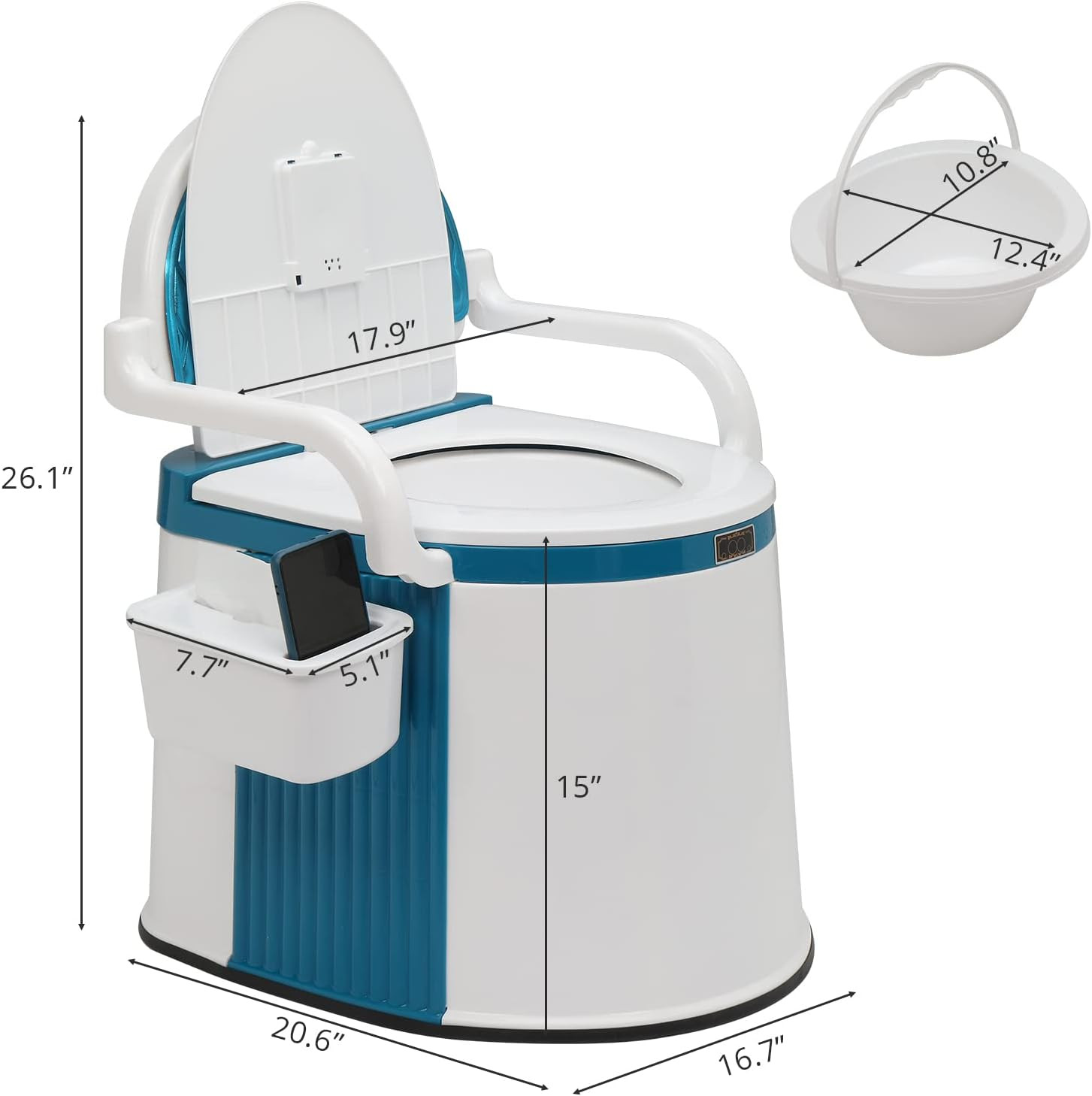 Portable Toilet | Back & Handrail Design Commode with 5 Gallon Bucket Inner, Cam