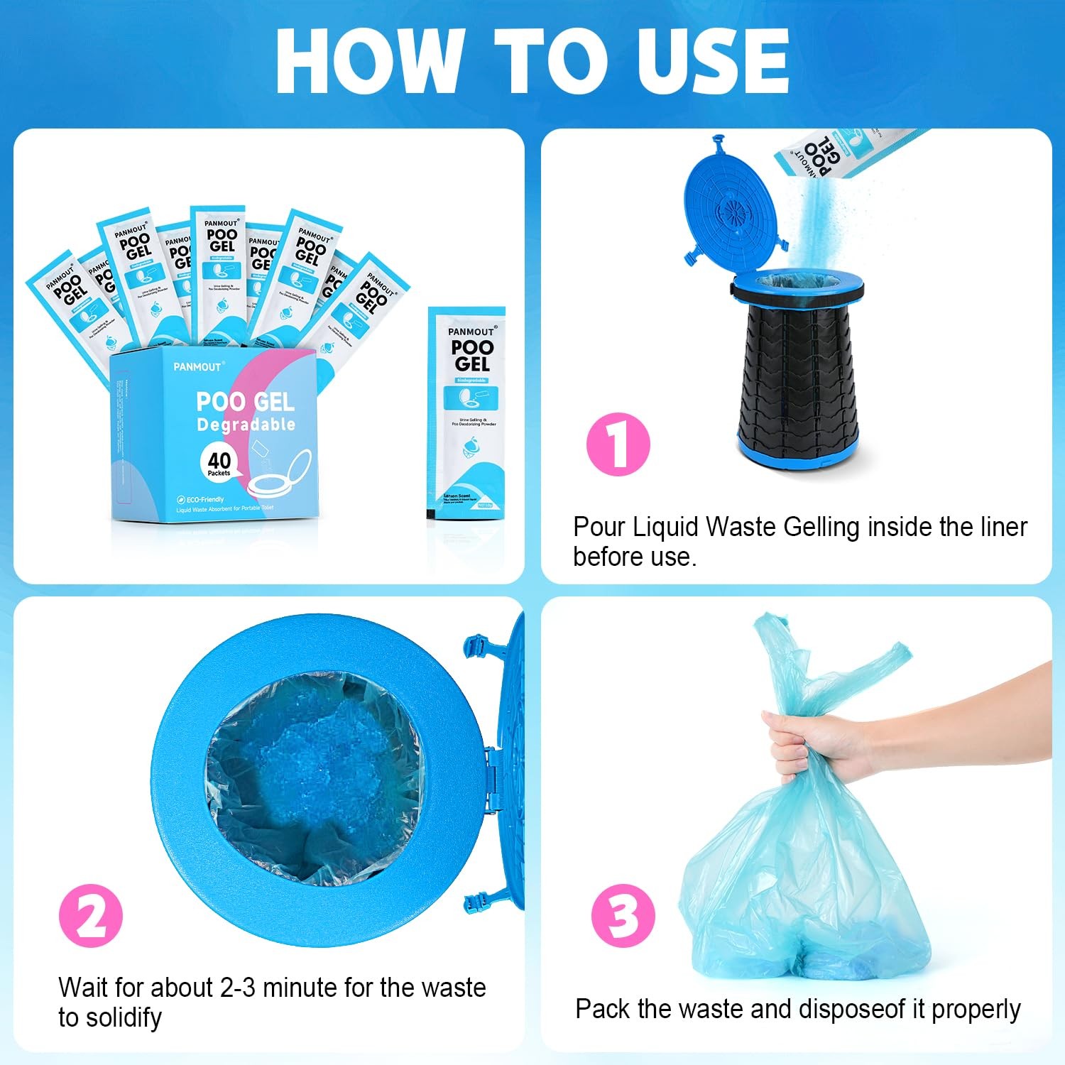 40Packs Poo Gel for Portable Toilet, Absorbent Poo Powder for Liquid Waste and U