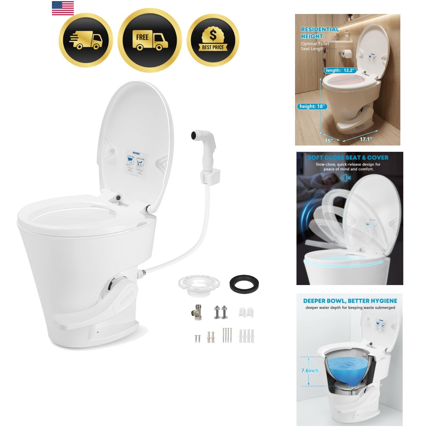 RV Toilet, 18.5” Residential Height, Soft Close Seat & Cover, Deeper Bowl & L…