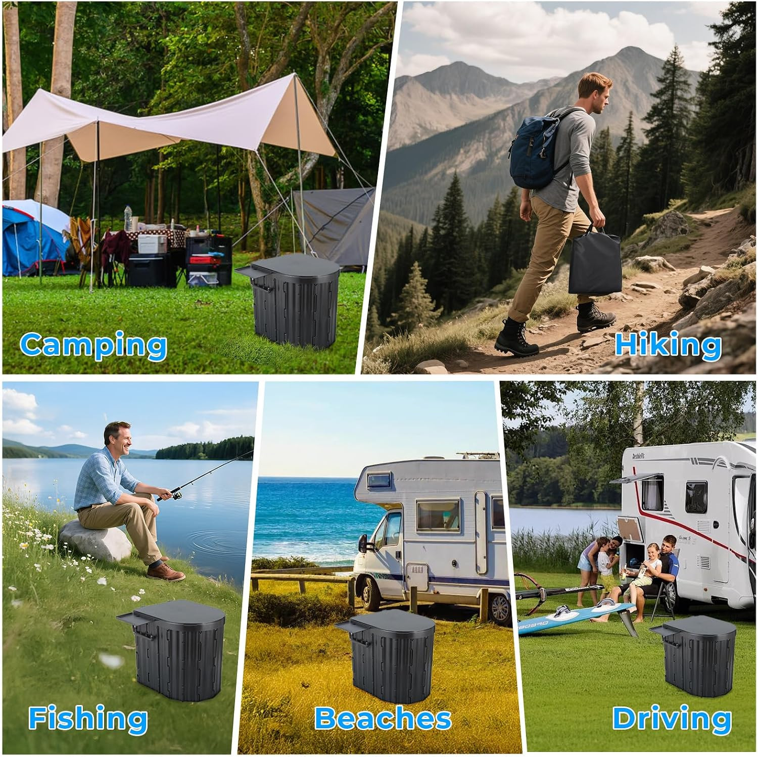Portable Toilet for Adults, Foldable Plastic Toilet, with Lid and Paper Holder T