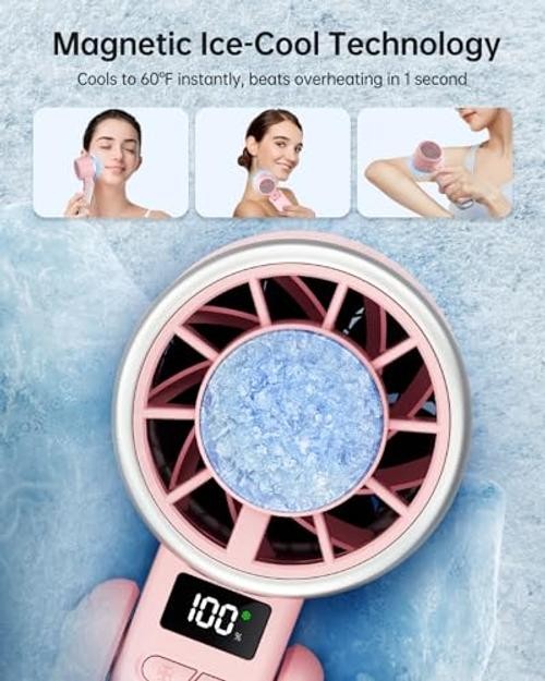 Portable Handheld Turbo Fan with Ice Cooling, 5 Speed Battery Pink