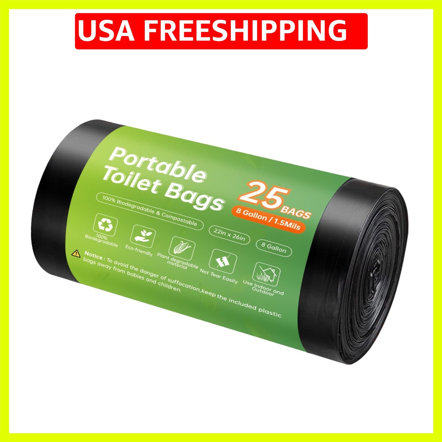 Portable Toilet Replacement Bags, 25 Count 8 Gallon 1.5 Mil Super Thickened C…