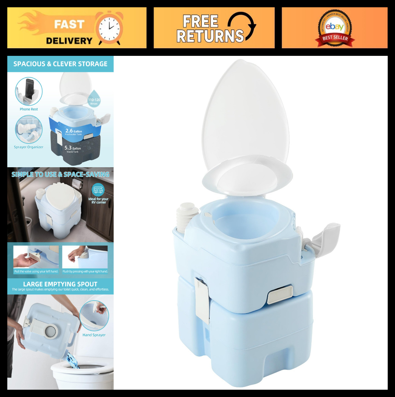 Portable 5.28 Gallon Camping Toilet, RV Diagonal Elongated Bowl, Leak-Proof Port