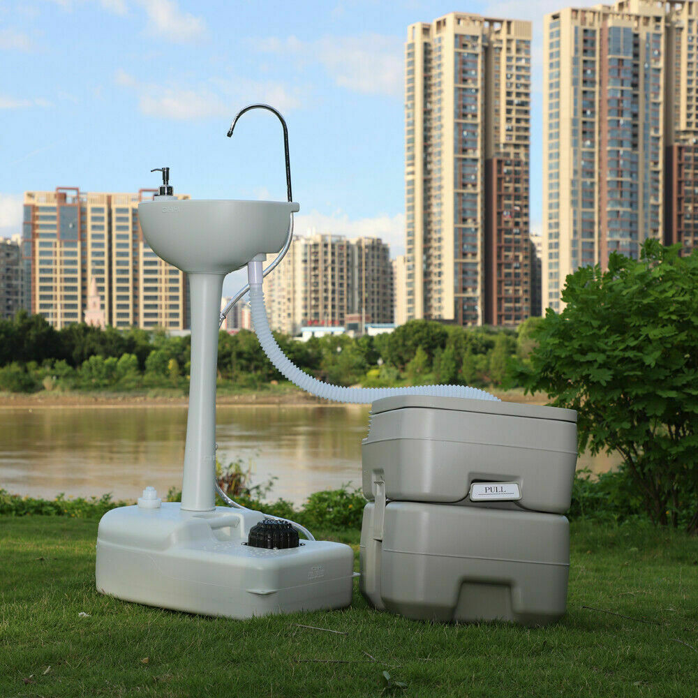 Portable Outdoor Hand Sink w/ RV Camper Gravity Pedal Flush Toilet For Boat Camp