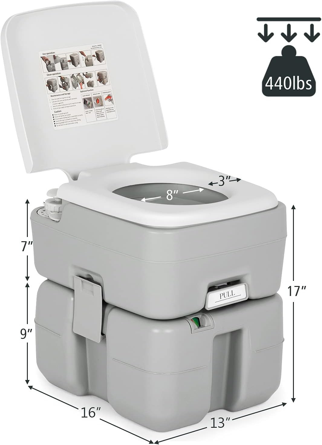 5.3 Gallon Portable RV Toilet with Level Indicator & Anti-Leak Pump for Camping