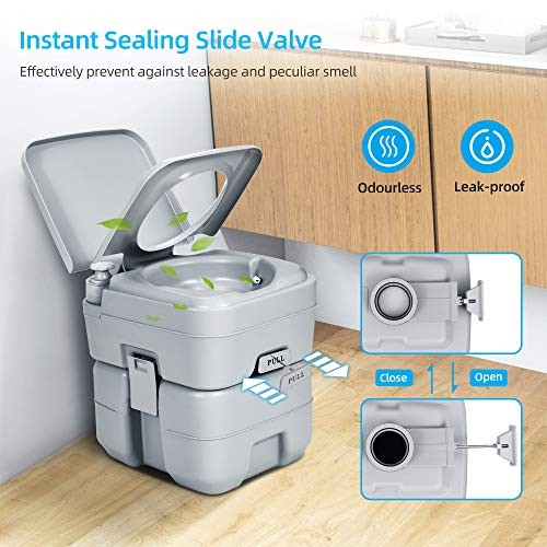 Portable Toilet, Camping 5.3 Gal Double Watwer Outlets+Handle Flush Pump
