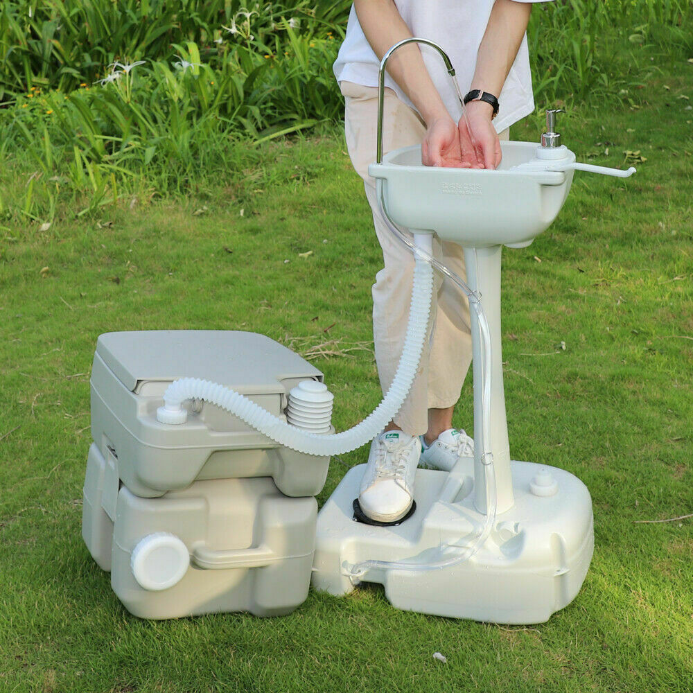 Portable Outdoor Hand Sink w/ RV Camper Gravity Pedal Flush Toilet For Boat Camp