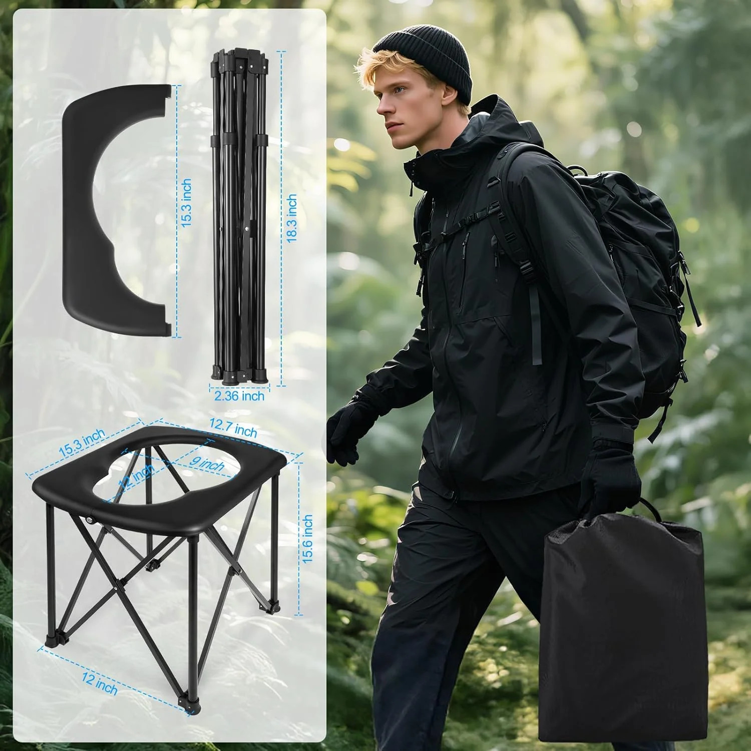 15.6” Portable Toilet for Camping, Ultralight Foldable Camping Toilet 2-Second