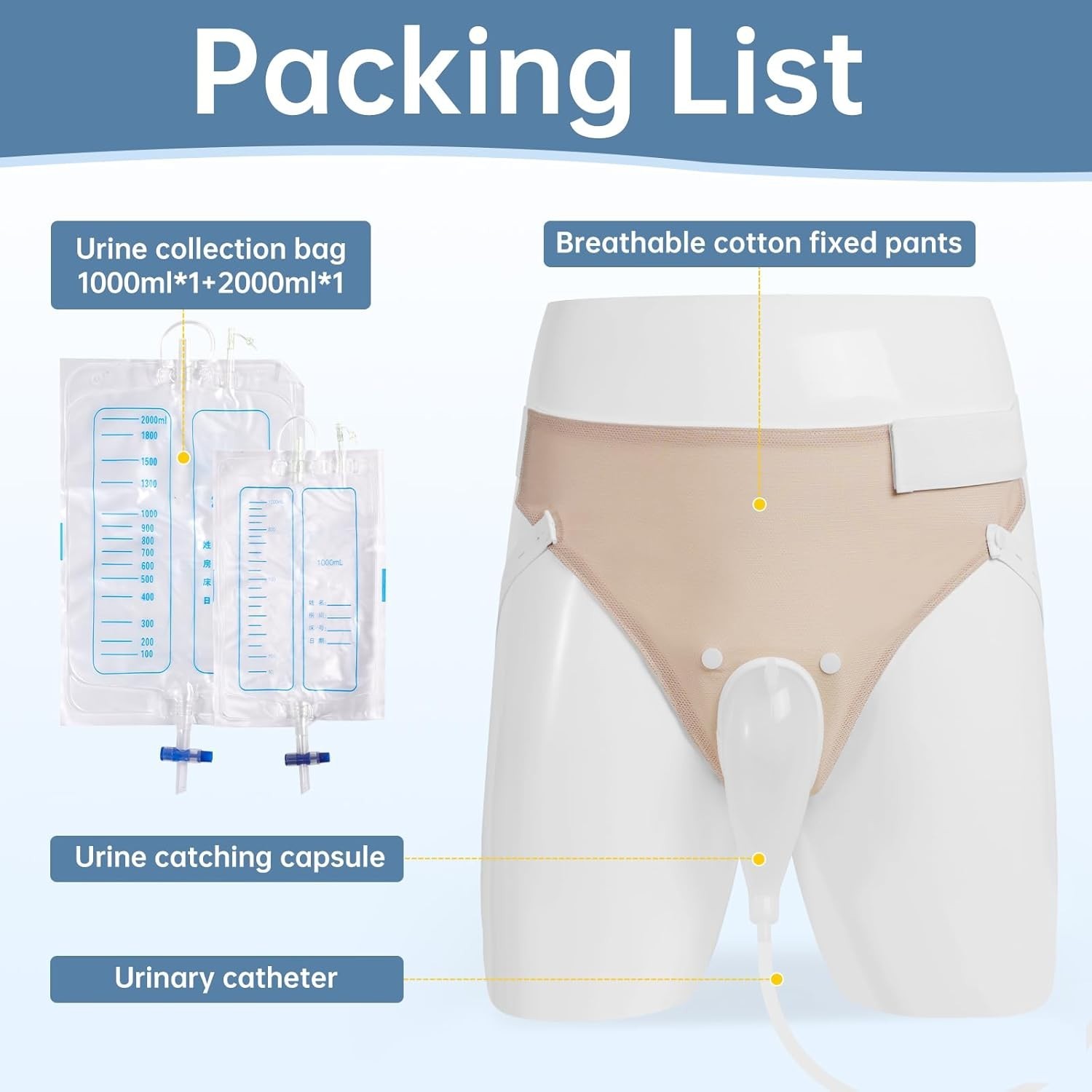 Portable Reusable Male Urinal Bag 2000ML+1000ML for Elderly Bedridden Khaki