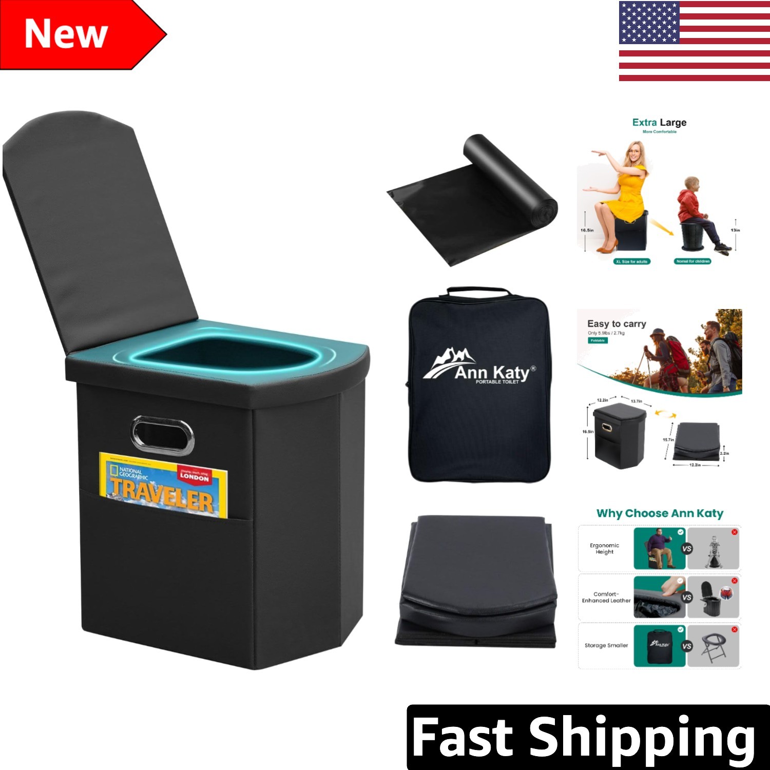 Extra Large Portable Toilet with Lid: Ideal for Camping, Hiking & Family Outings