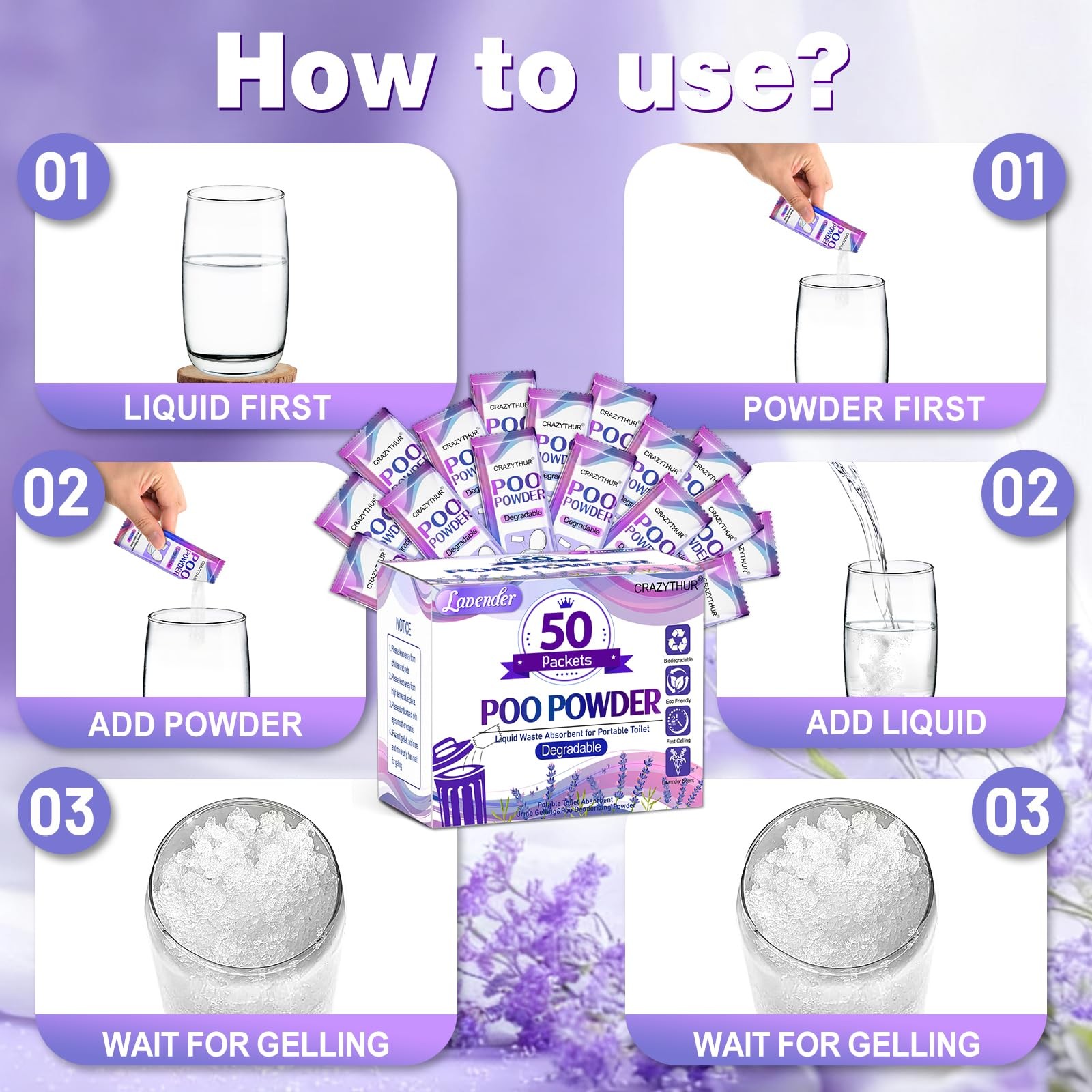 50PCS Poo Gel and Portable Toilet Gel with Lavender Scent, Camping Toilet Gel…