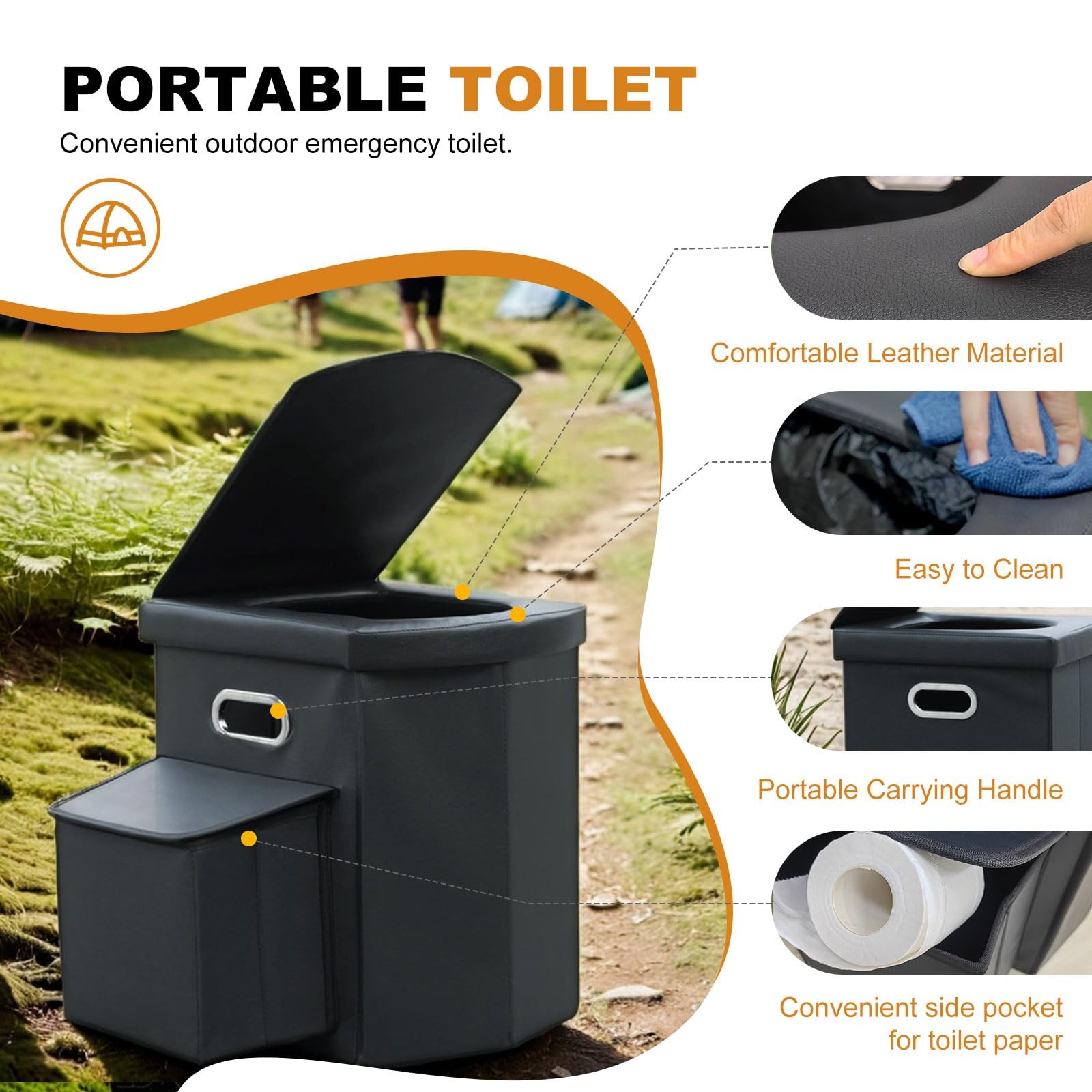 Ann Katy Upgrade XL Portable Toilet for Adults, Extra 5 sides, Black pocket