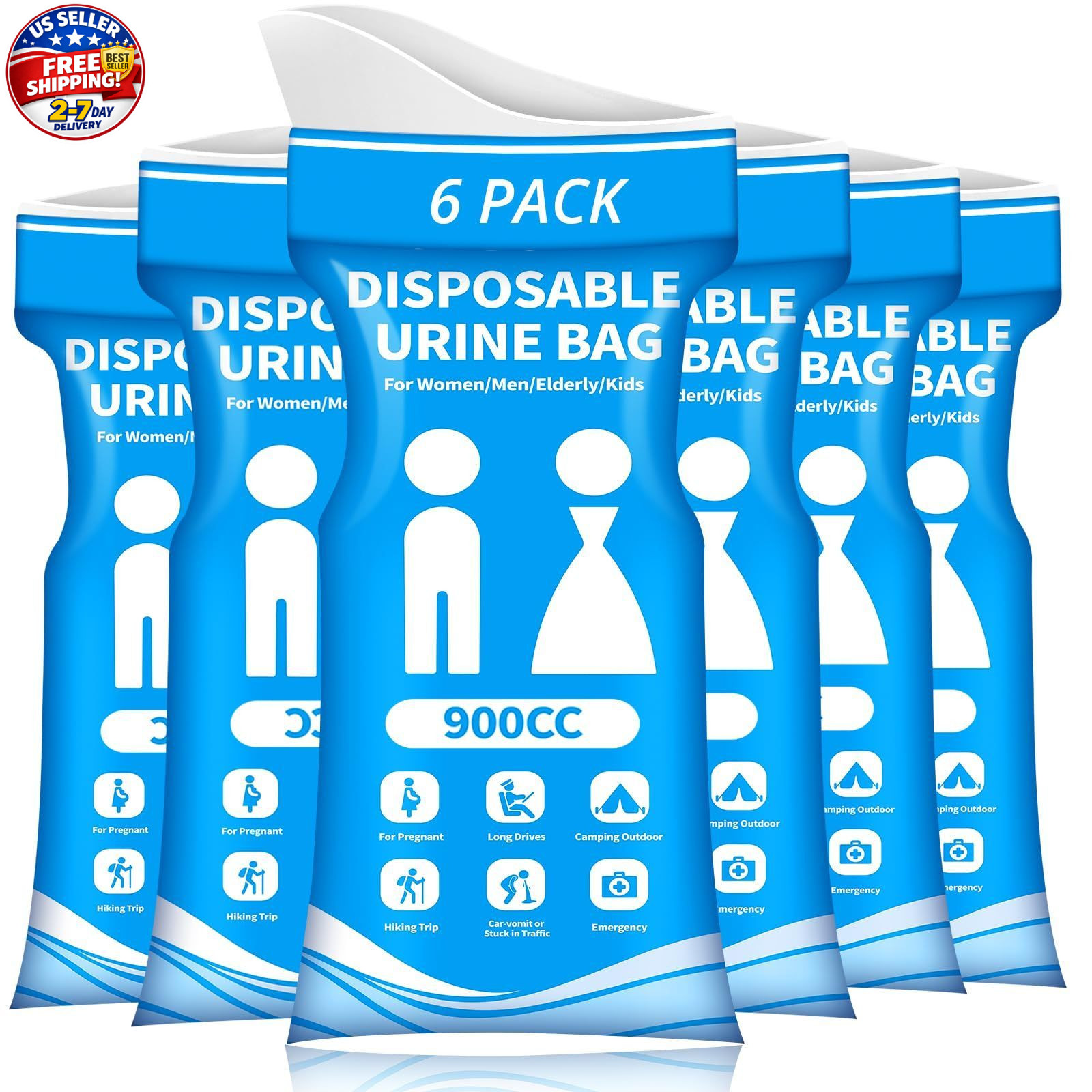 HOKINETY Disposable Urine Bag for Travel – 900ML 9.1″x5.4″x1.4″(6-Pack), Blue