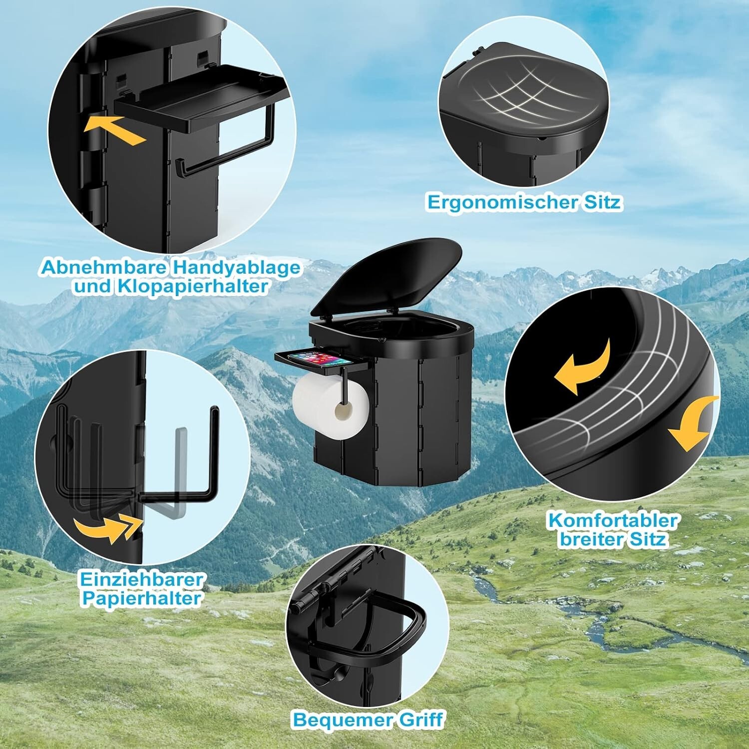 Portable Camping Toilet for Adults 27L Mobile Toilet Phone Holder Hiking