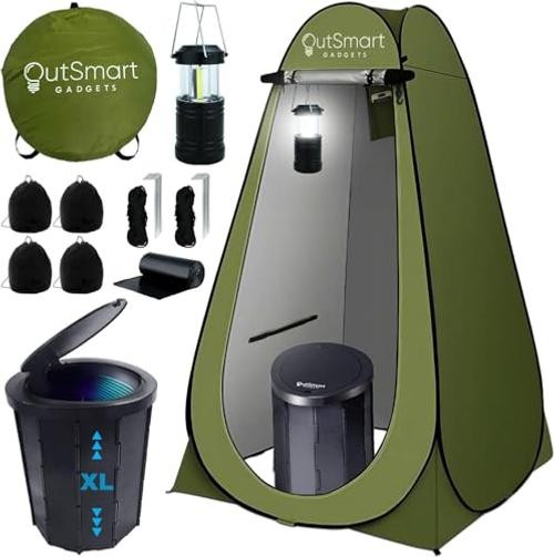 Outdoor Portable Toilet Set for Adults with Camping Night Lantern, Green