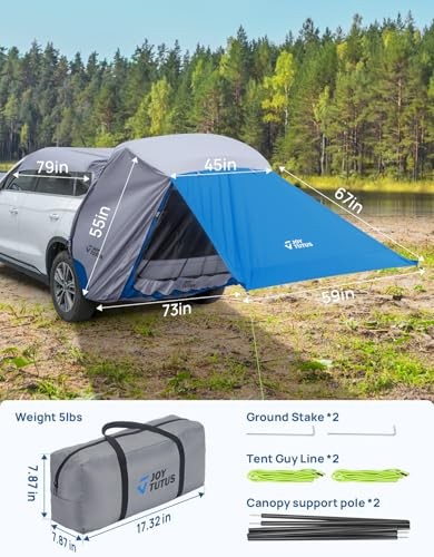 JOYTUTUS SUV Tailgate Tent with Big Awning, Water Resistant Medium Grey Blue