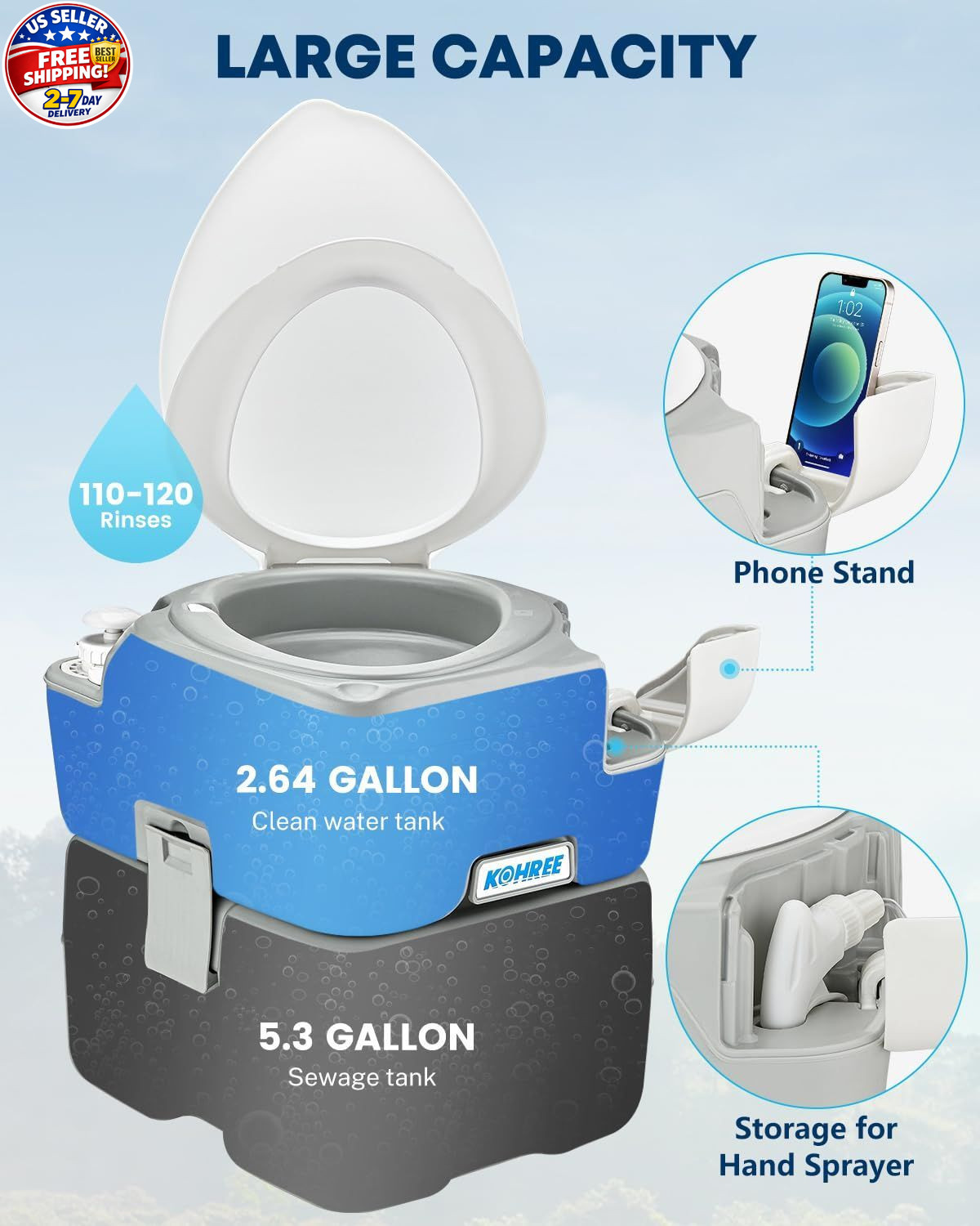 Camping Toilet Portable 5.3 Gal: 20L Porta Potty for Adults with Diagonal Elonga