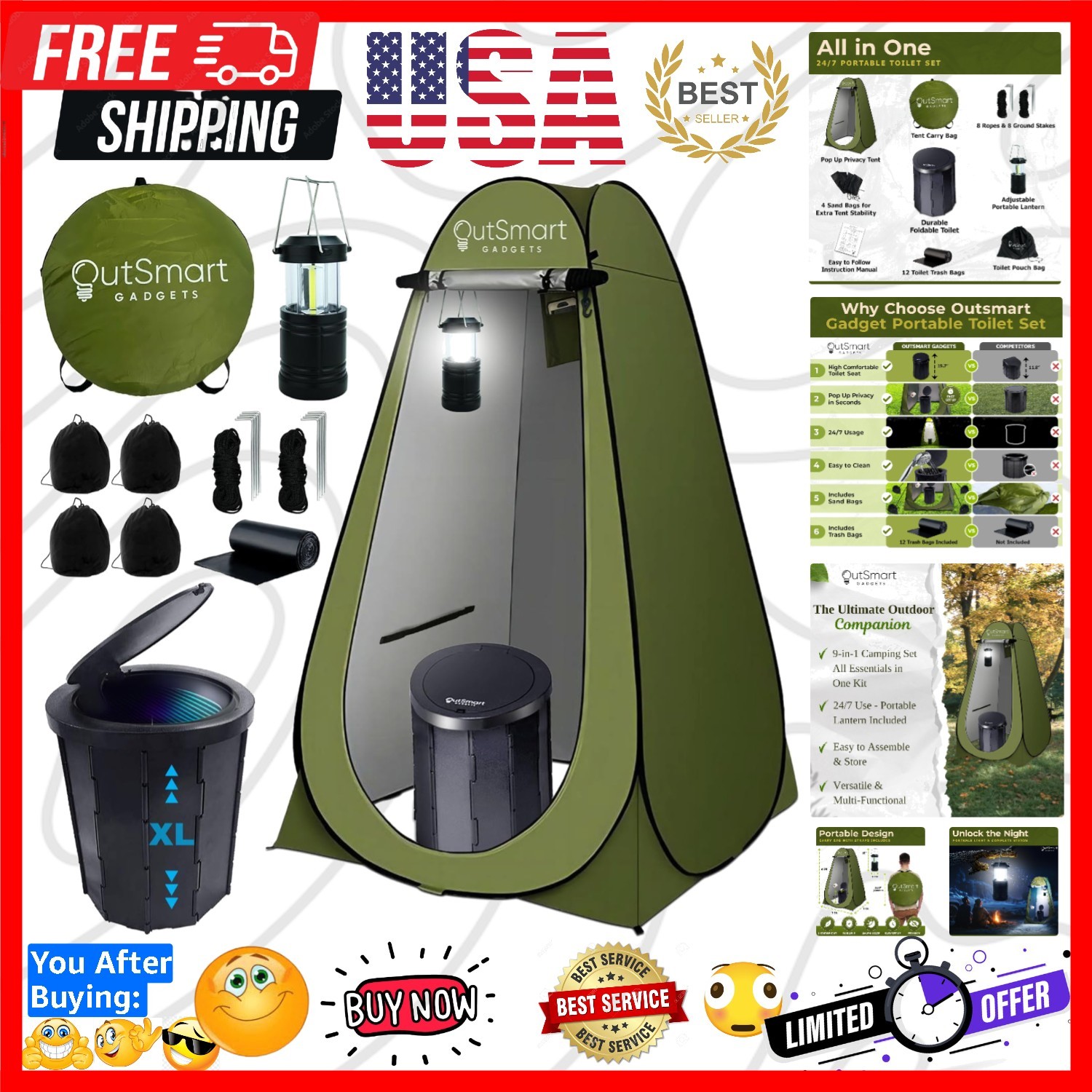 Outdoor Portable Toilet Set for Adults with Camping Night Lantern, Folding XL…