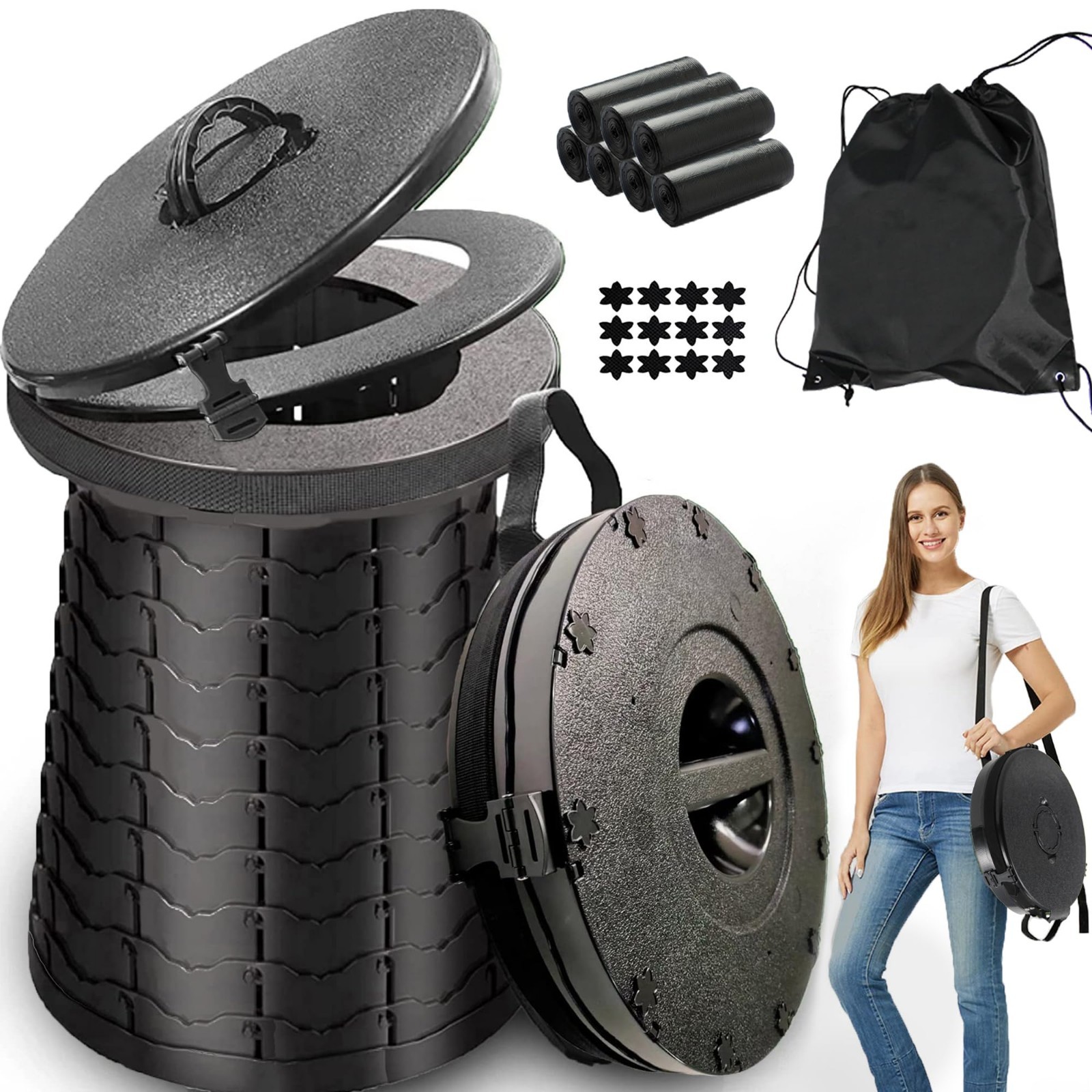 XXL Portable Camping Toilet – 880lbs Capacity, Adjustable 19.7″ Height, Collapsi