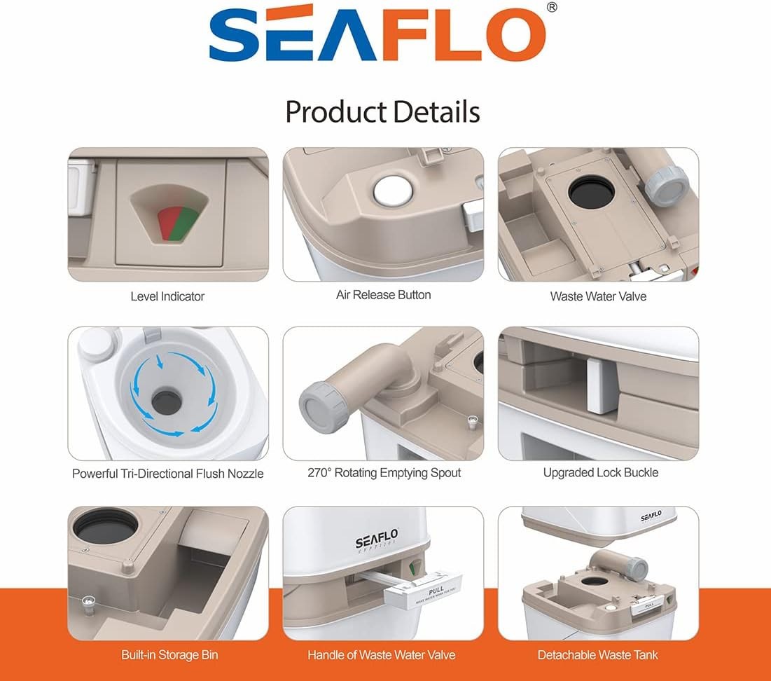 SEAFLO 18L Portable Camping Toilet Manual Flush RV Caravan Boat 4 Year Warranty