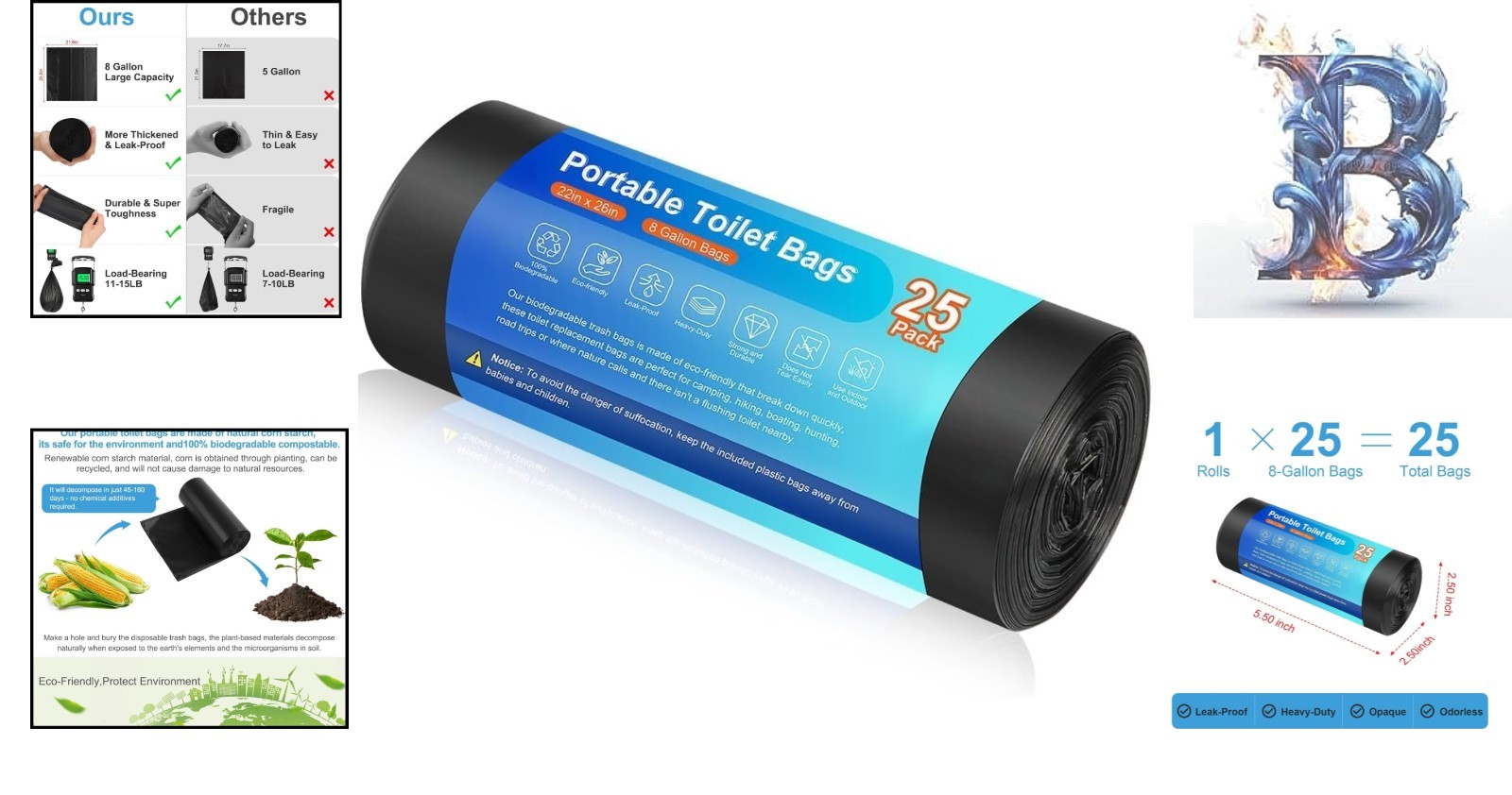 Easy Use Biodegradable Toilet Waste Bags – 30.28L Capacity, Ideal for Campers