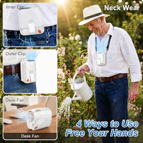 Clip-On, Neck & Waist Fan – Hands-Free Wearable Fan, 6-Speed 16,000RPM White