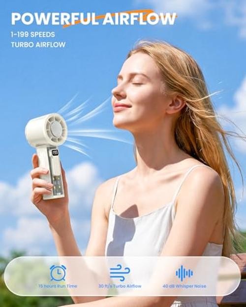 Portable Handheld Turbo Fan, 5-Speed Adjustable USB-C Rechargeable with White