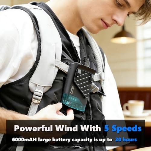 Portable Waist Fan, 6000mAh Shirt Fans Rechargeable Belt Fan Clip on Black