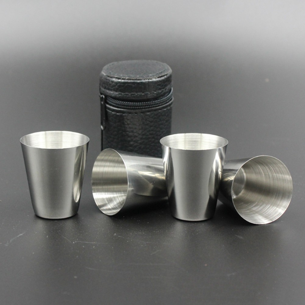 Stainless Steel Cup Set for Camping 30ml Pack of 4 with Leather Storage Case