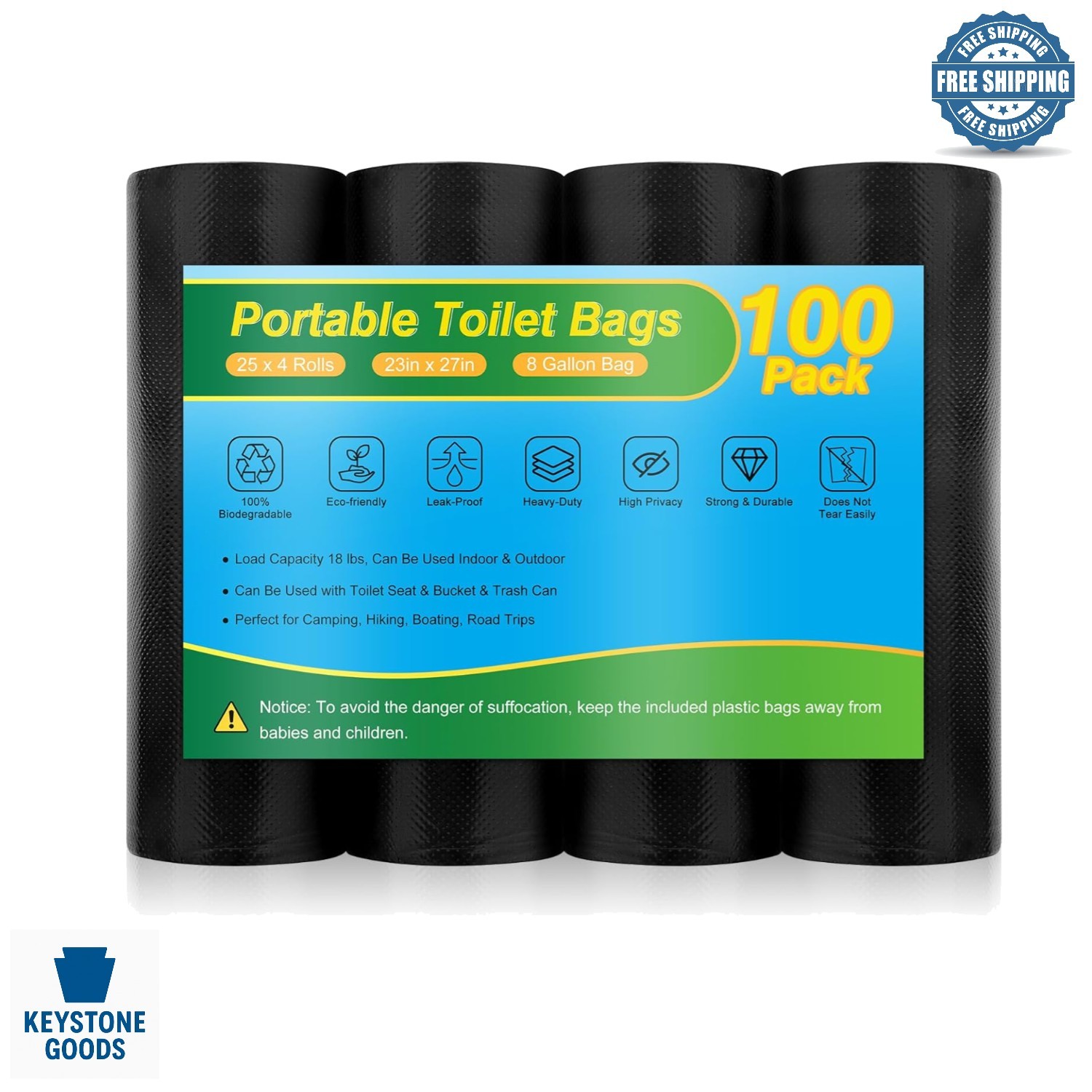 Eco-Friendly Camping Toilet Bags – Heavy Duty 8 Gallon Capacity, 100 Pack