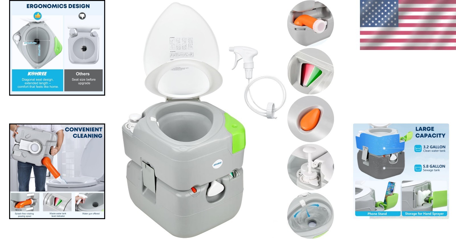 Portable Camping Toilet 5.8 Gal Adult RV Porta Potty Elongated Seat Leak-Proof
