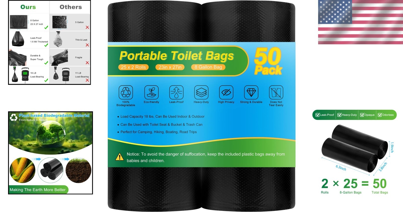 Eco-Friendly 8 Gallon Camping Toilet Bags – 50 Pack Heavy Duty, Versatile Use