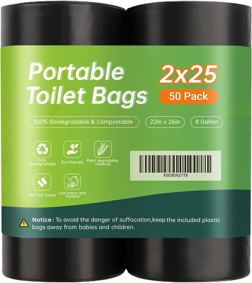 50 portable toilet bags for camping, 8 Gallon 1.3 Mil Thickened Compostable T…